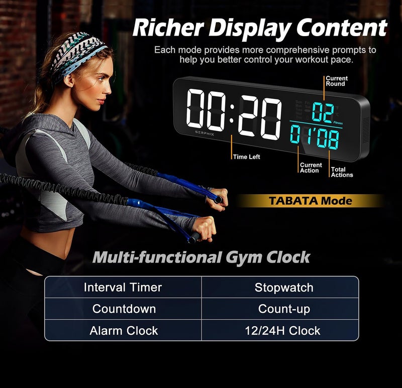 SERPHIX 15.2" Gym Timer, App & Remote Control, Customizable LED Colors, Temperature, Date, Workout Interval Timer Stopwatch Countdown Large Digital Wall Clock for Home Gym Garage - Image 3